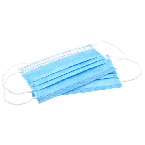 Blue pleated face masks with white elastic ear loops
