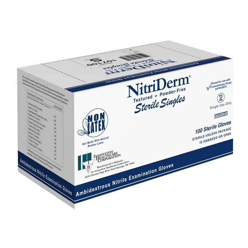 45000730 - NitriDerm® Nitrile Exam Glove, L, Sterile, 9.5" Cuff, Powder-Free, Singles, Chemo Tested #107300 (100/bx)