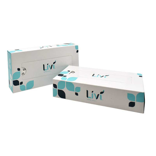 White facial tissues in Livi brand white and blue flat box