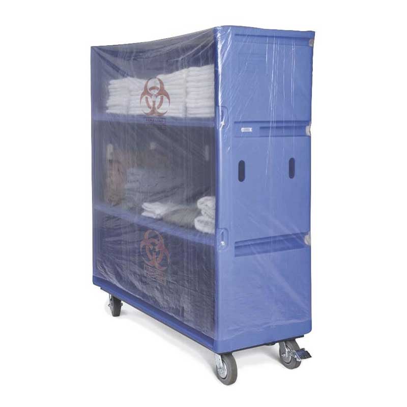 Photo of clear cart liner with Biohazard symbol printed on the front