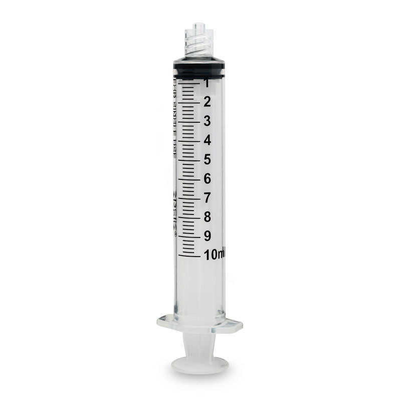 10 mL clear plastic syringe with black markings