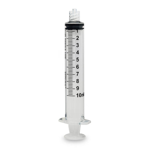 10 mL clear plastic syringe with black markings