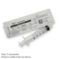 Clear plastic syringe with black markings. White package with black lettering.