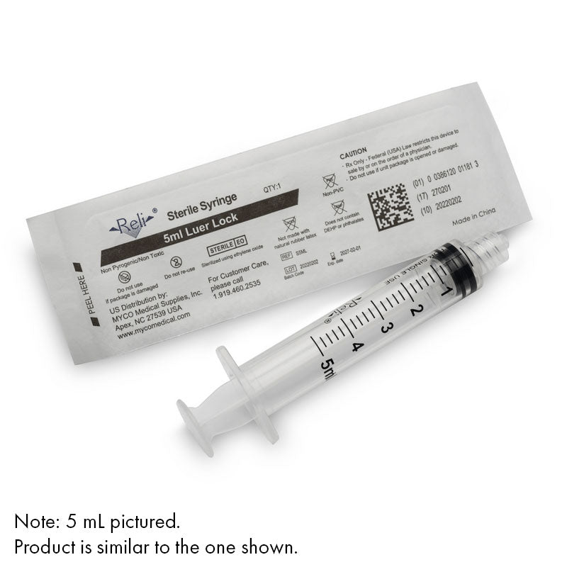 Clear plastic syringe with black markings. White package with black lettering.