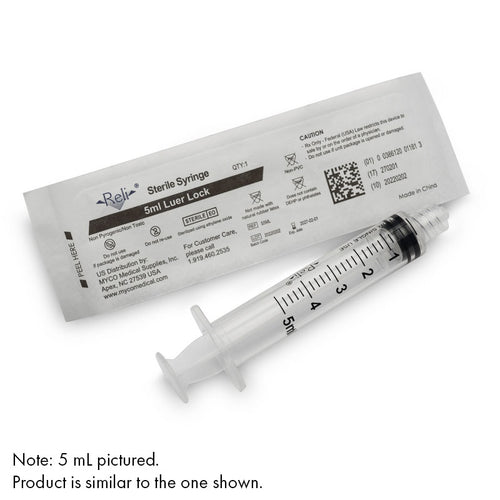 Clear plastic syringe with black markings. White package with black lettering.