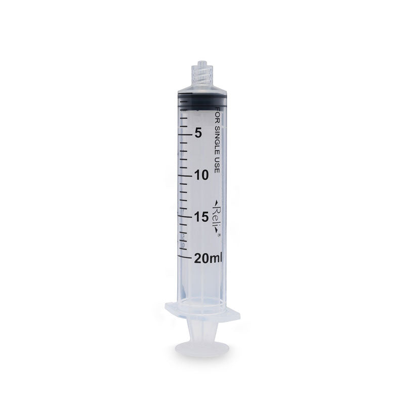 20 mL clear plastic syringe with black markings