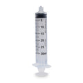 30 mL clear plastic syringe with black markings