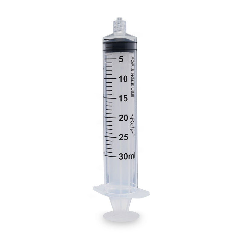 30 mL clear plastic syringe with black markings