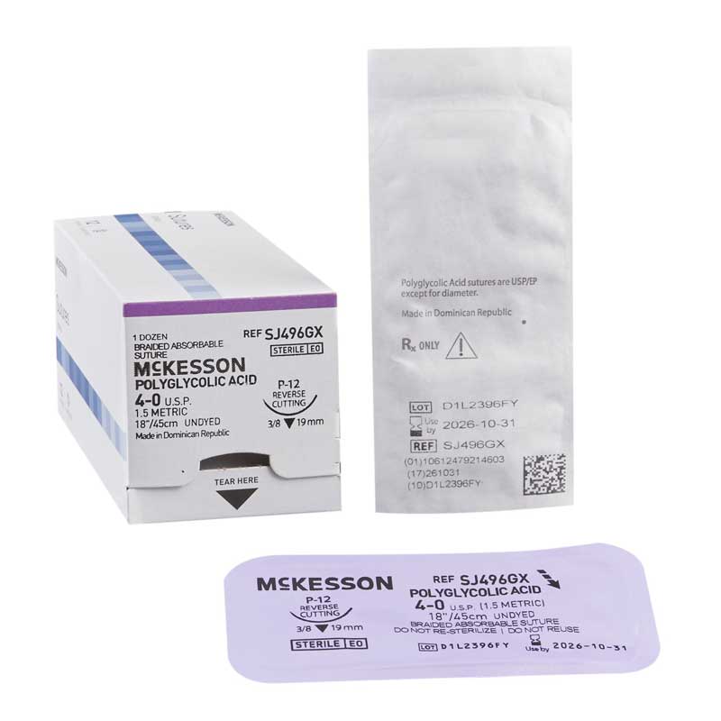 70200496 - McKesson Absorbable Suture with Needle, Polyglycolic Acid, P-12, 3/8 Circle, Precision Reverse Cutting Needle, Suture Size 4-0, Braided #SJ496GX (12/bx)