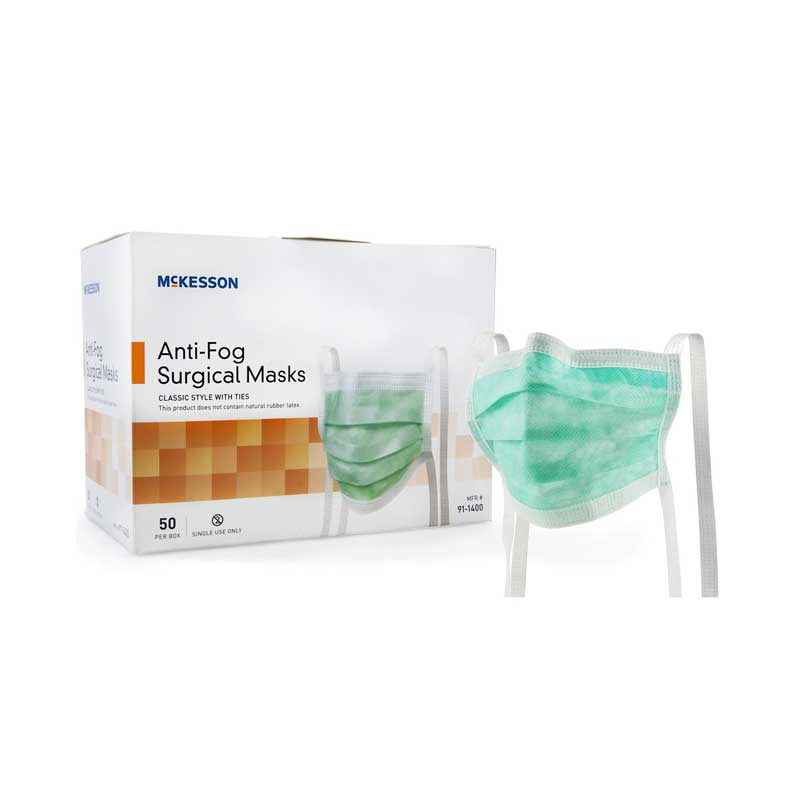 70201400 - McKesson Surgical Mask Anti-Fog ASTM Level 1 Tie Closure One Size Fits Most #91-1400 (50/bx)