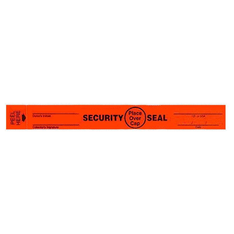 Red security seal sticker with black text reading "SECURITY SEAL. Place Over Cap."