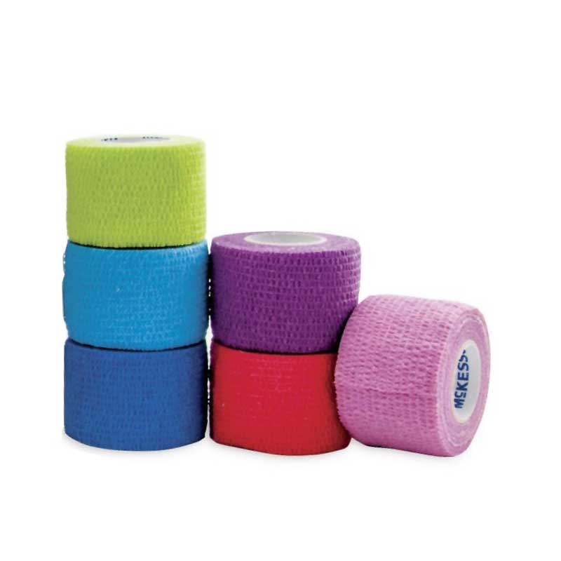 Six rolls of self-adherent bandages in lime green, light blue, dark blue, purple, red, and pink.