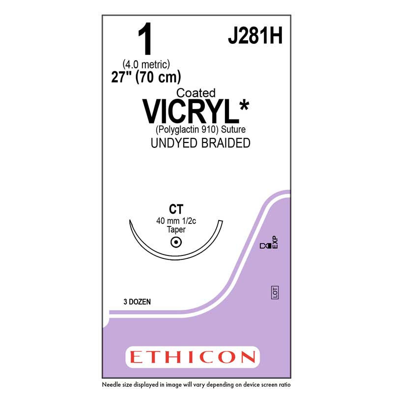 Image of box containing 3 dozen Vicryl undyed braided sutures