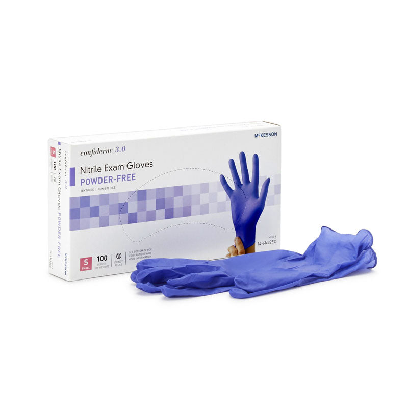 70204632 - McKesson Confiderm 3.0 Nitrile Exam Glove, S, Non-Sterile, Standard Cuff Length, Textured Fingertips, Blue, Chemo and Fentanyl Tested #14-6N32EC (100/bx)