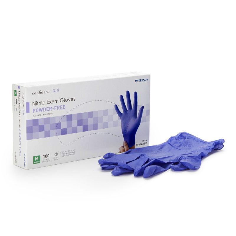 70204634 - McKesson Confiderm 3.0 Nitrile Exam Glove, M, Non-Sterile, Standard Cuff Length, Textured Fingertips, Blue, Chemo and Fentanyl Tested #14-6N34EC (100/bx)