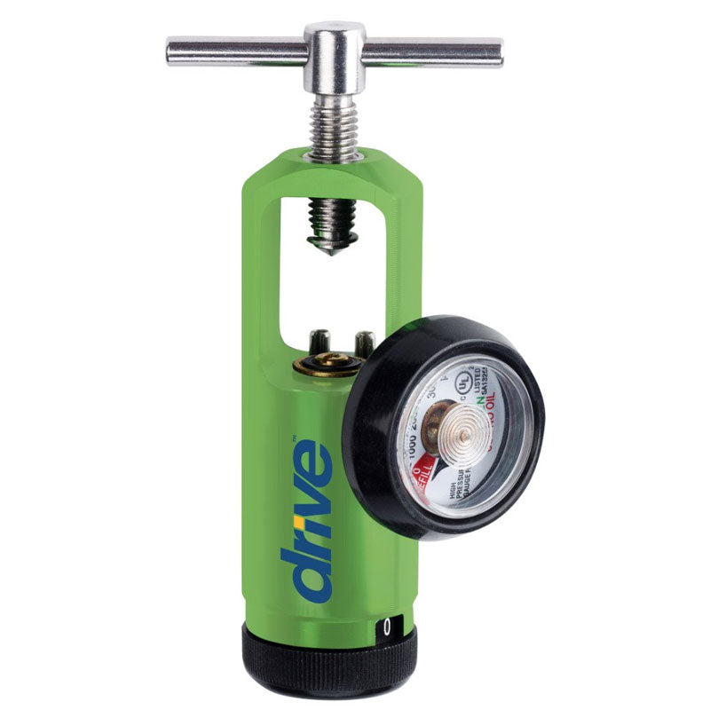 A green A6000 mini oxygen regulator with a black gauge and a T-handle, with blue 'drive' logo on the side