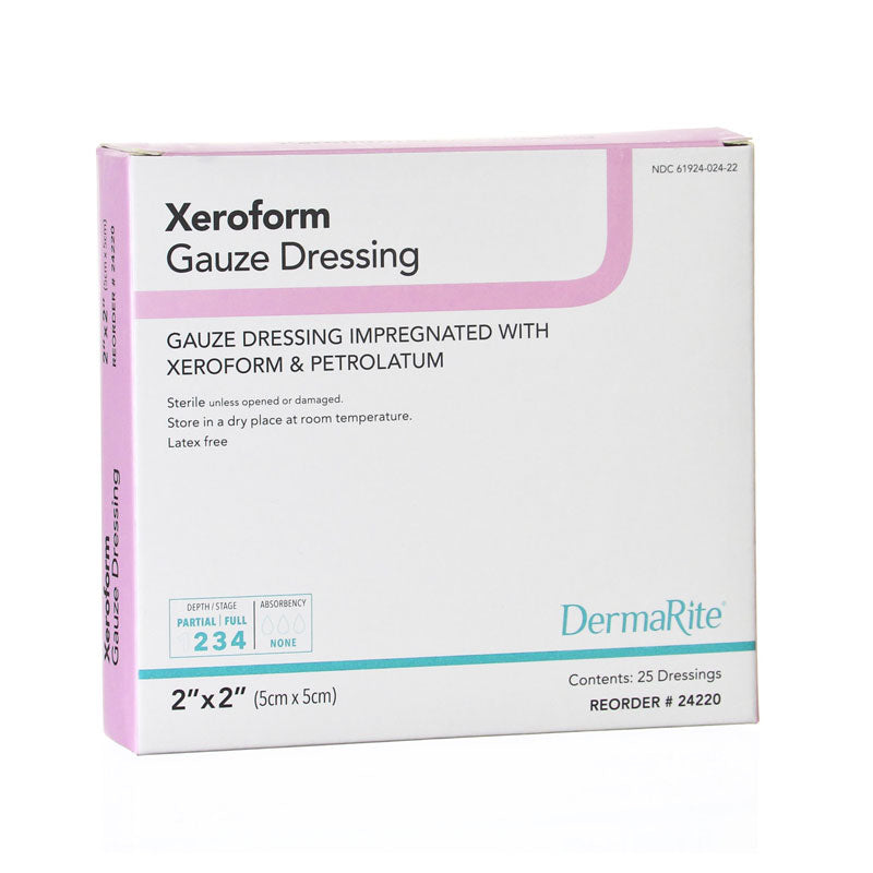 A box of DermaRite Xeroform Gauze Dressing, size 2x2 inches, containing 25 dressings. The packaging is white with pink borders and a teal accent line, set against a plain white background.
