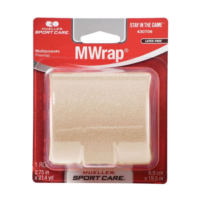 A package of Mueller Sport Care MWrap latex-free multipurpose pre-wrap, featuring a beige rectangular pad inside a clear blister pack on a red and white backing card.