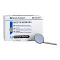 Photo of a mouth mirror with its white box, printed with Henry Schein logo
